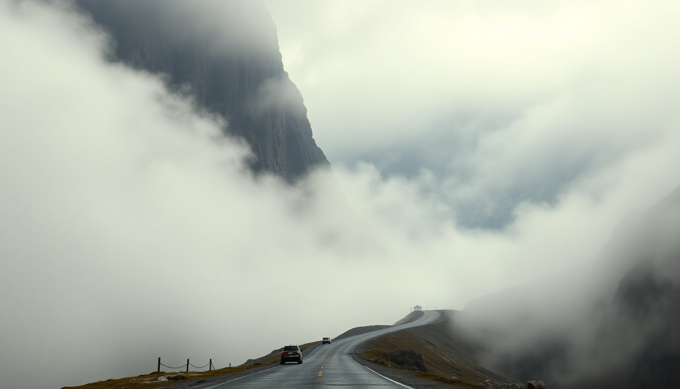 A sweeping, atmospheric landscape painting in muted tones of grey, blue, and green, depicting a winding mountain road obscured by heavy fog and towering rock formations, conveying the overwhelming scale and power of the natural environment.