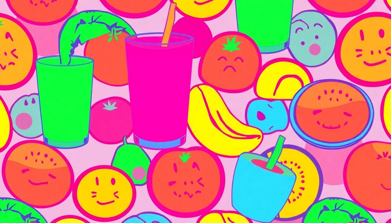 A high-contrast, silkscreen-style illustration of a fresh fruit smoothie repeated in a grid pattern, using a bold, neon color palette to capture the energetic, healthy spirit of the new Green Eats cafe.
