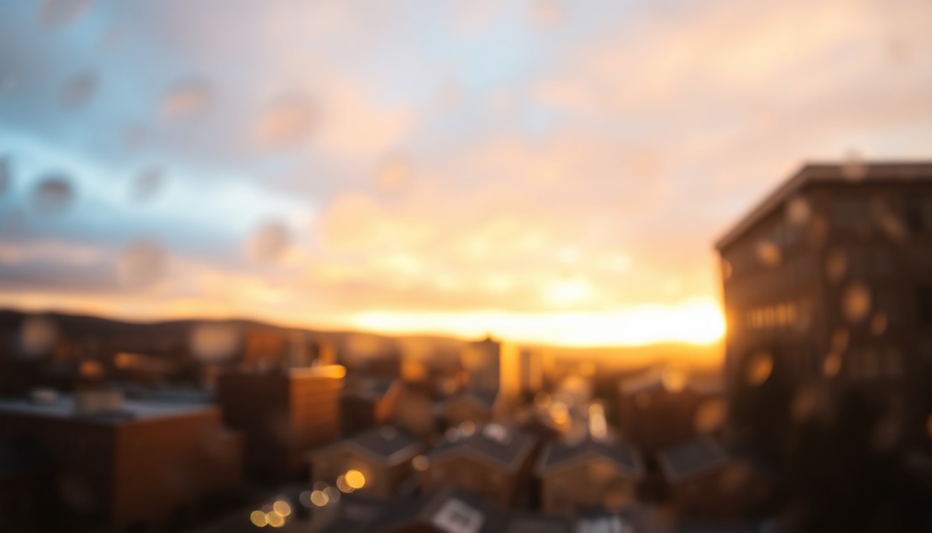 An impressionistic, out-of-focus cityscape in warm, golden tones, conceptually representing Asheville's high quality of life and livability.