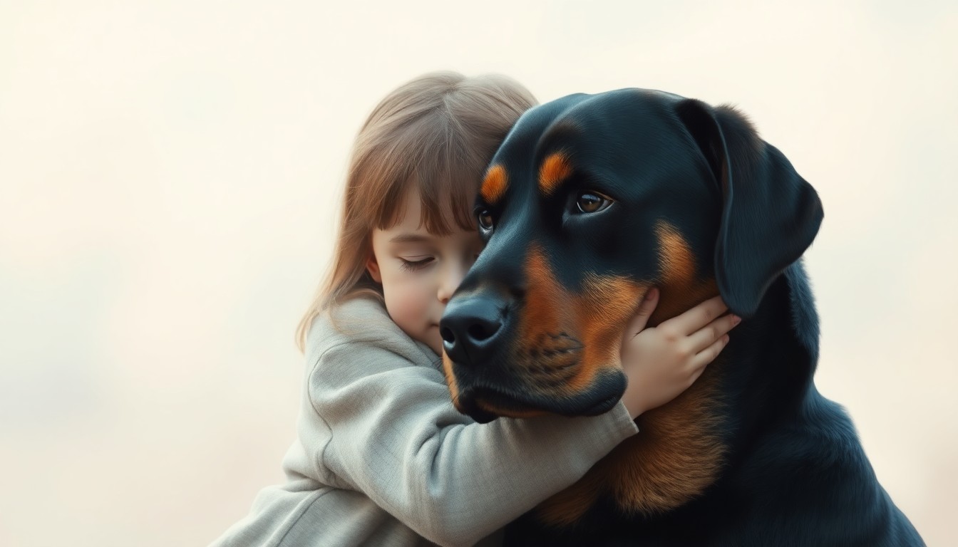A soft, blurred photograph of a young girl cuddling with a large Rottweiler dog, the two figures embracing in a warm, intimate scene that captures the special bond between a child and their pet.