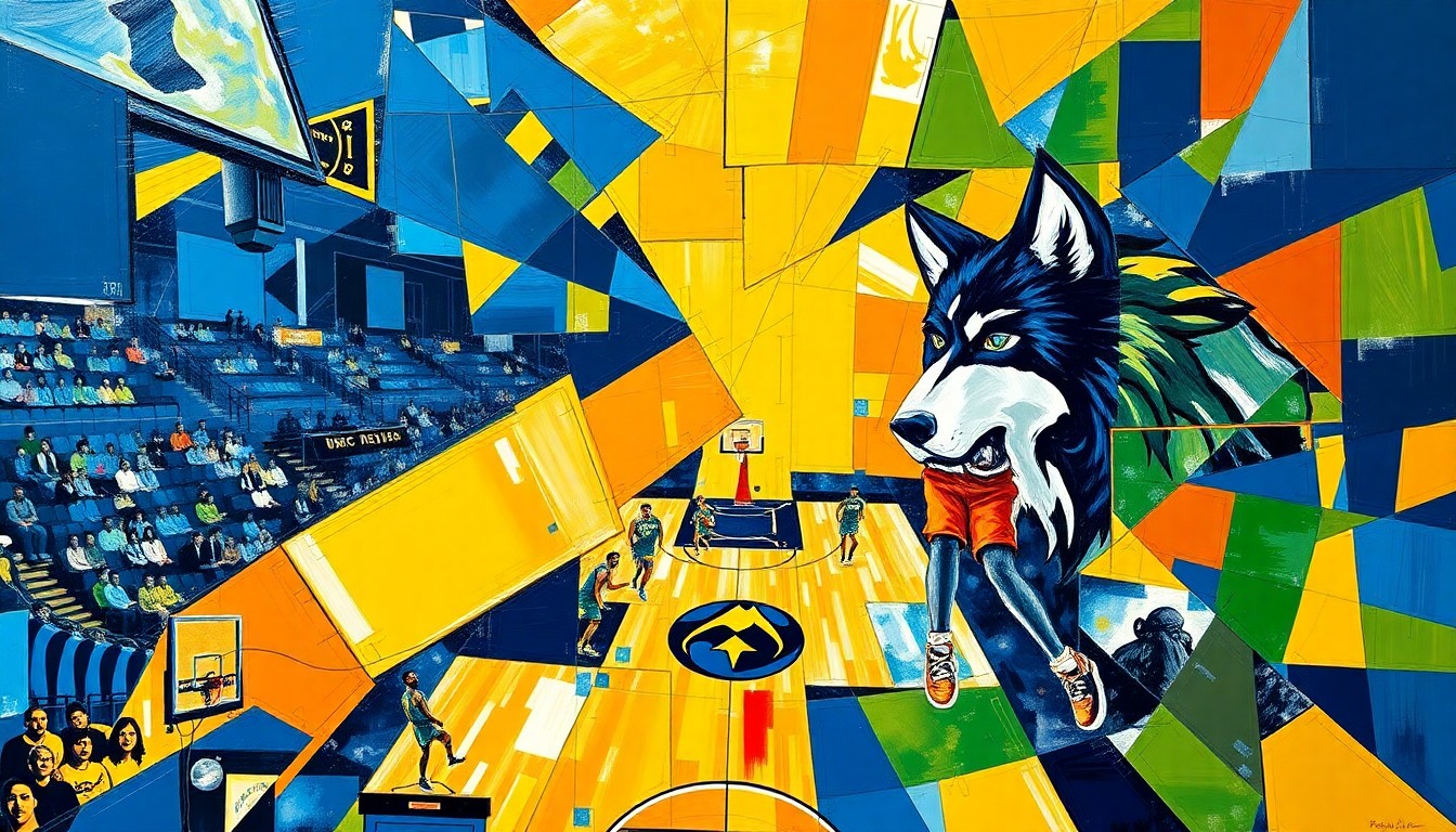 A fragmented, cubist-style painting depicting a basketball game between the Denver Nuggets and Minnesota Timberwolves, with the players and court broken down into sharp, overlapping geometric shapes in a vibrant color palette of navy, gold, blue, and green.