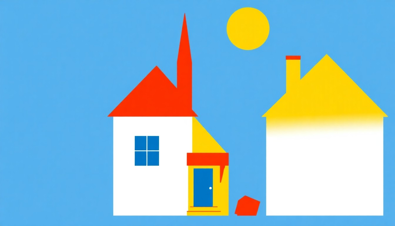 A minimalist, abstract illustration using bold geometric shapes and primary colors to conceptually represent the economic challenges facing Scarsdale residents due to rising property taxes and housing costs.