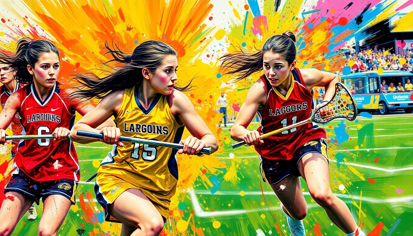 An abstract expressionist painting in vibrant neon colors, with rapid brushstrokes capturing the dynamic motion and energy of a girls lacrosse game.
