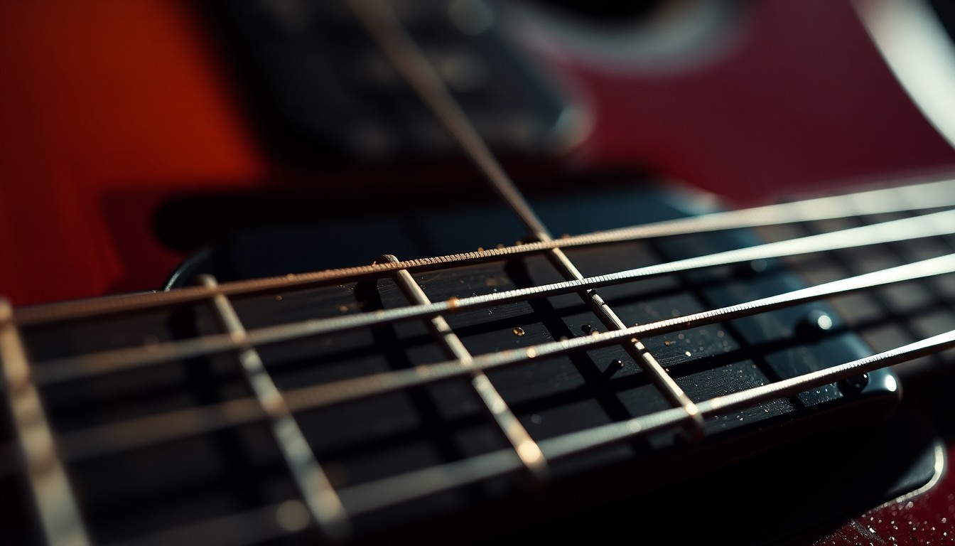 An extreme close-up photograph of the worn, textured guitar strings of a musician's instrument, capturing the intricate details and high-contrast lighting to represent the enduring creative spirit behind the music.