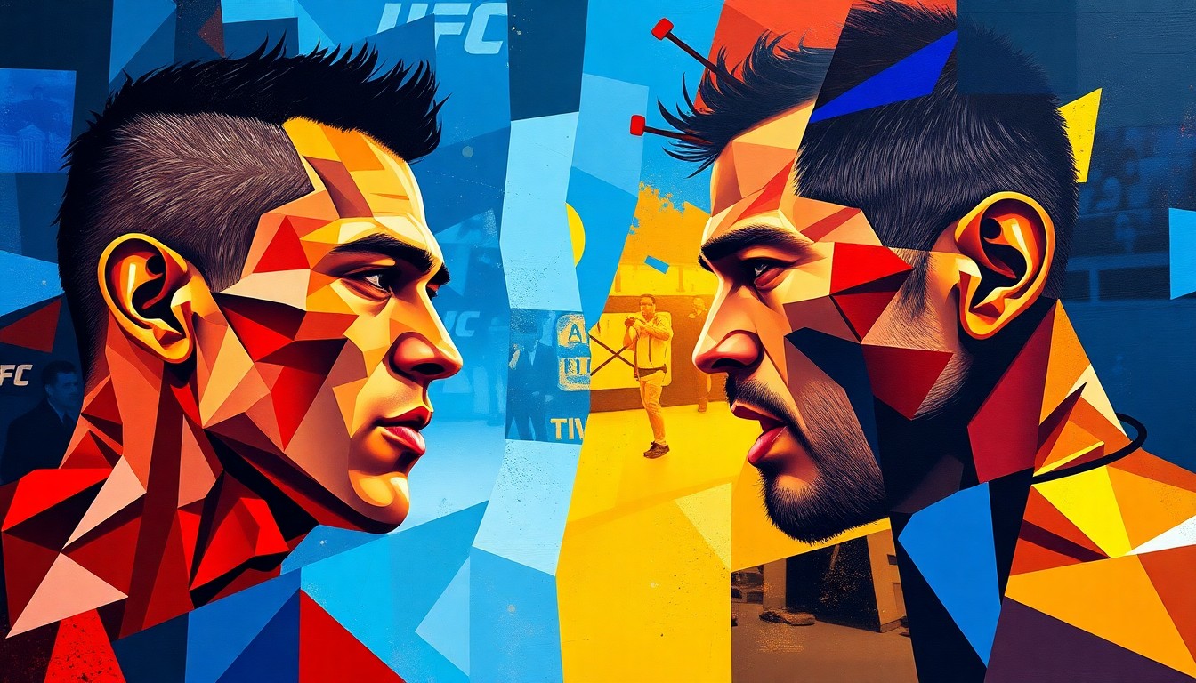 A cubist, geometric painting depicting the dynamic movements and energy of a UFC flyweight title fight, with overlapping planes of color and form representing the combatants' styles and the intensity of the matchup.