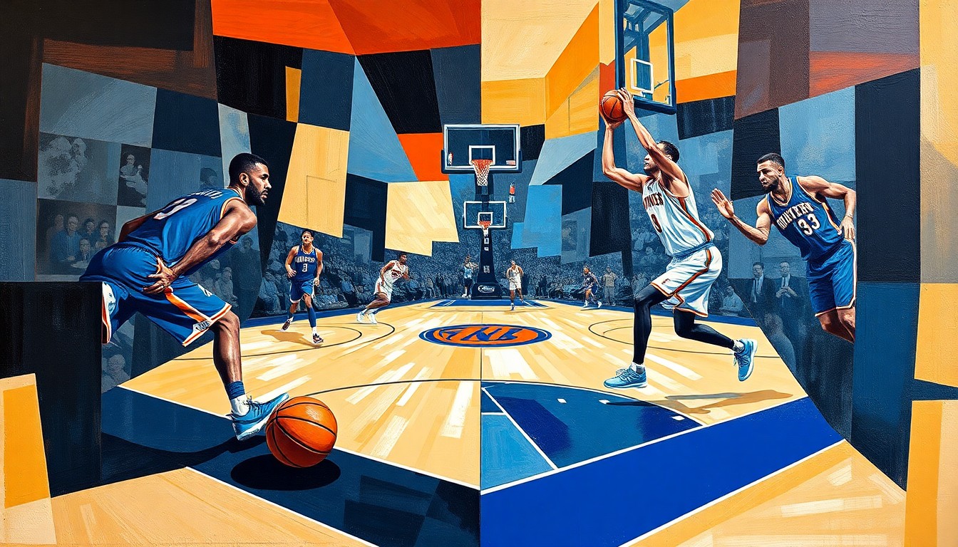 A fractured, geometric painting depicting the action of a basketball game, with angular, overlapping shapes representing the players and court. The composition is dynamic and kinetic, conveying the intensity of the matchup between the two teams.