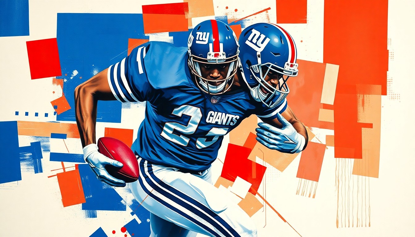A cubist, geometric painting depicting a football player in mid-motion, with sharp, overlapping planes of blue and red representing the New York Giants' colors.