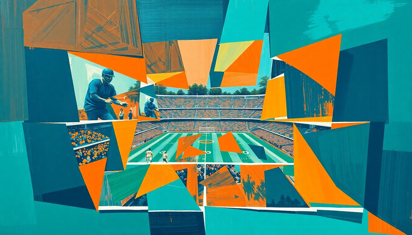 A fractured, geometric painting in vibrant teal, orange, and navy blue hues, depicting a football game or match broken down into sharp, overlapping planes, conceptually representing the Dolphins' new defensive-focused approach under head coach Jeff Hafley.