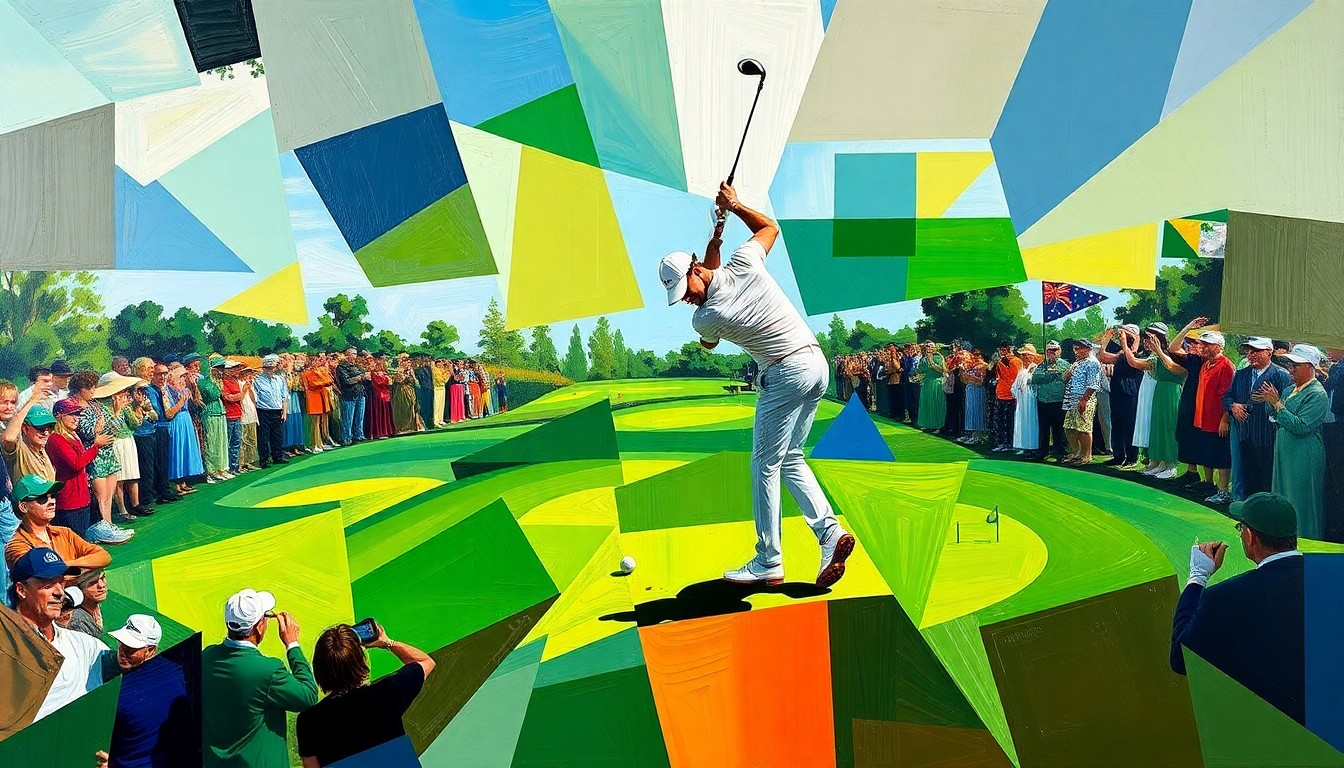 A fractured, multi-perspective painting in the style of Pablo Picasso, breaking down a golfer's swing and ball trajectory into sharp, overlapping geometric planes in a vibrant color palette of greens, browns, and blues.