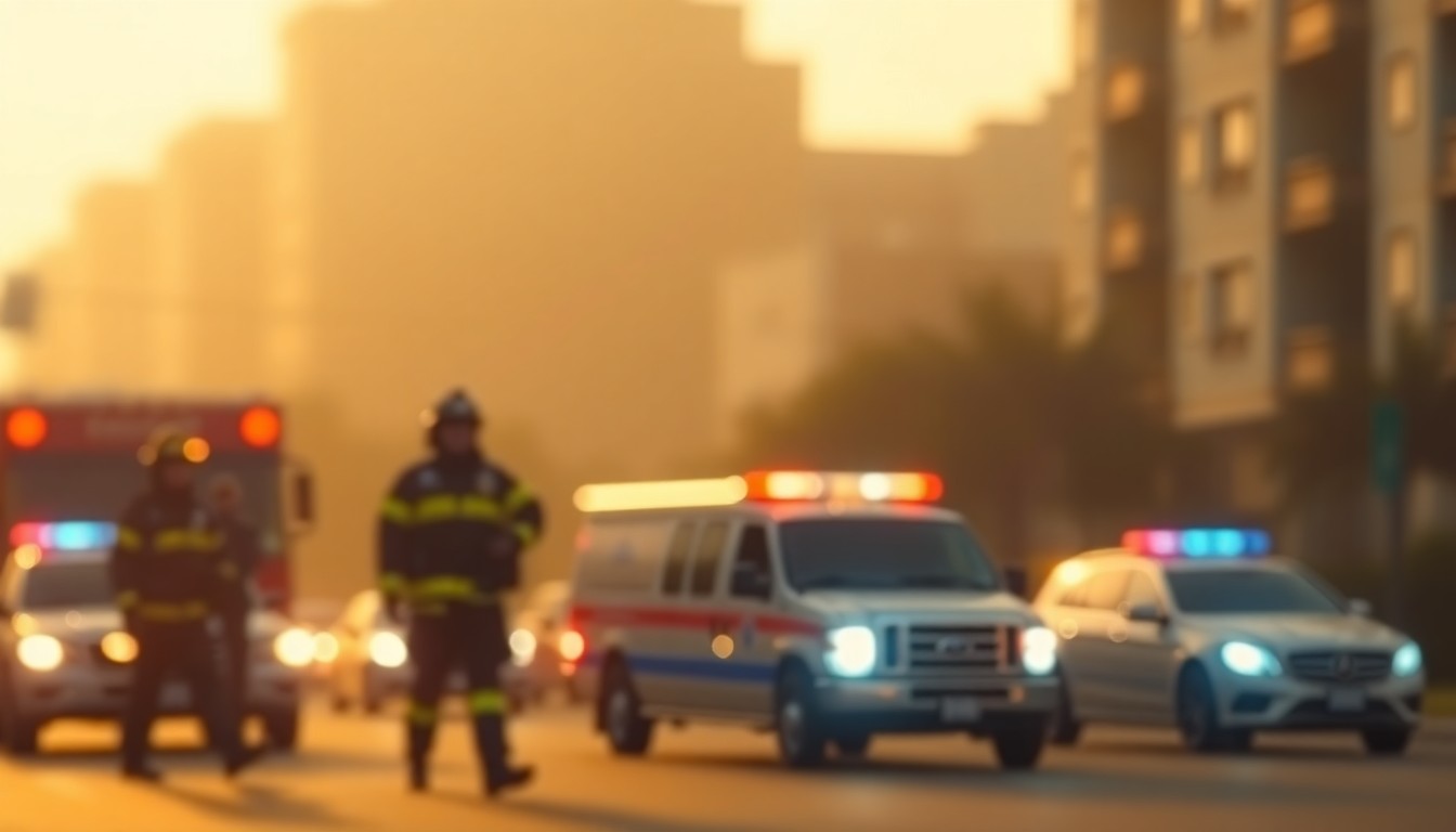 An abstract, impressionistic photograph in soft, warm tones depicting the blurred silhouettes of emergency vehicles and responders against a hazy urban backdrop, conveying the improved emergency response capabilities of Jersey City's new 911 system.