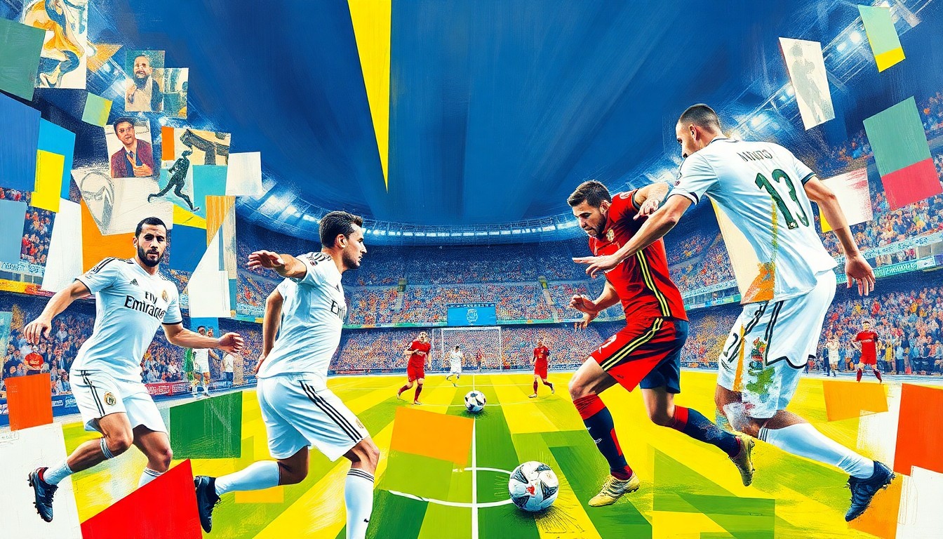 A cubist, geometric painting depicting a soccer match between Real Madrid and Girona, with the players and field fragmented into sharp, overlapping planes of color.