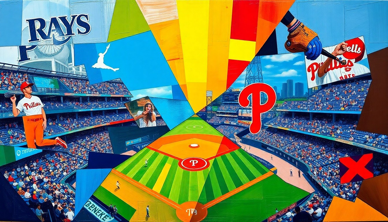 A fragmented, geometric painting in bold colors depicting a baseball game in motion, with overlapping shapes and planes representing the contrasting styles and strategies of the two teams.