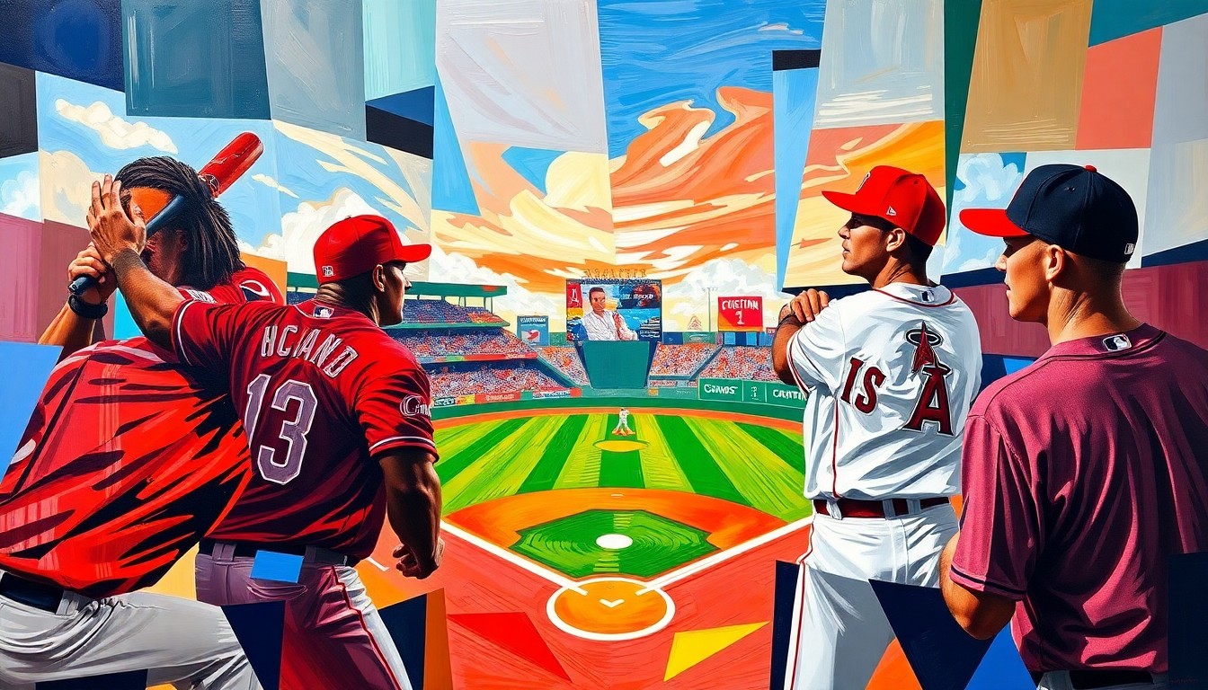 A fragmented, abstract painting depicting a baseball game between the Cincinnati Reds and Los Angeles Angels, with players' forms broken down into sharp, overlapping planes of color and shape.