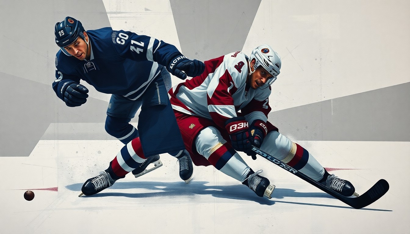 A fragmented, geometric painting depicting the violent collision that resulted in a hockey player's severe leg injury, conveying the inherent dangers of the sport.