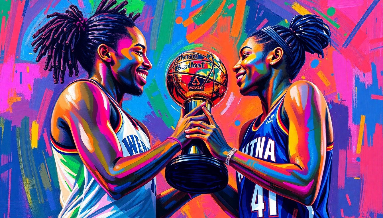An abstract, expressionist painting in vibrant neon colors, capturing the raw emotion and energy of Bam Adebayo presenting the WNBA MVP trophy to his partner A'ja Wilson.