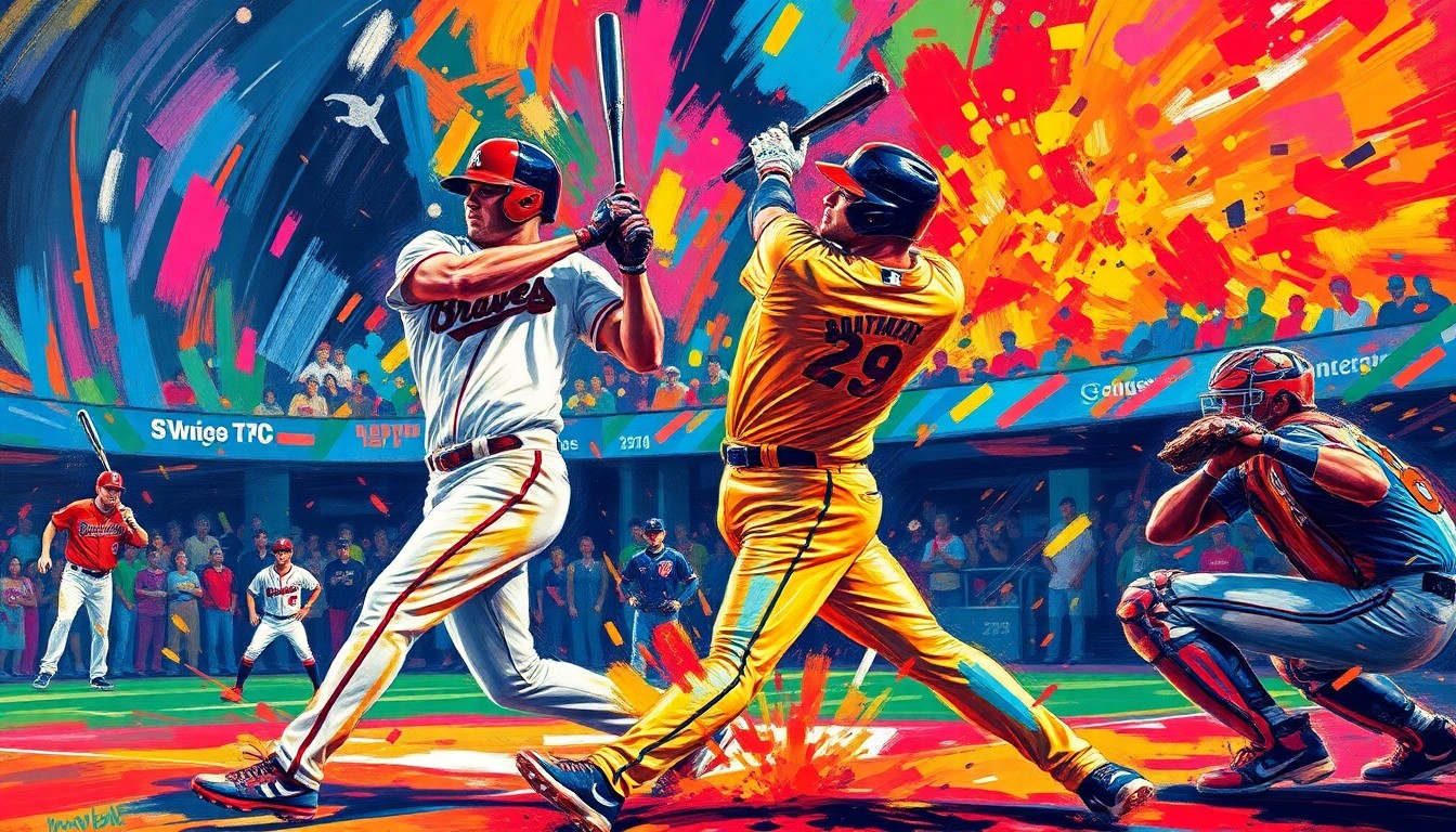 An abstract, expressionist painting featuring dynamic, neon-colored brushstrokes capturing the intense energy and power of a baseball game, with the players' movements and actions dissolving into vibrant, unrecognizable splatters.