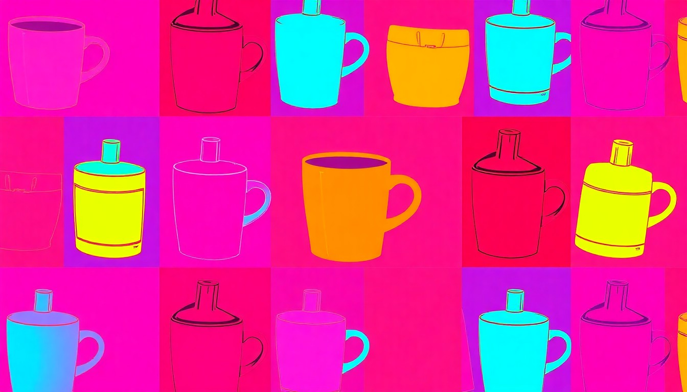 A brightly colored, high-contrast silkscreen print of a coffee cup repeated in a tight grid pattern, conceptually representing the variety of lifestyle events and activities available in the Fort Lee community.