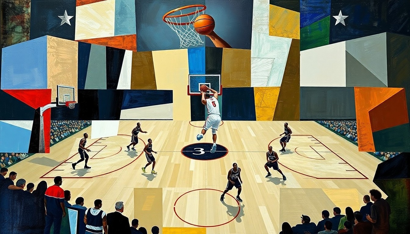 A cubist, geometric painting depicting a basketball game or match, with the players and court broken down into abstract shapes and planes of vibrant colors.