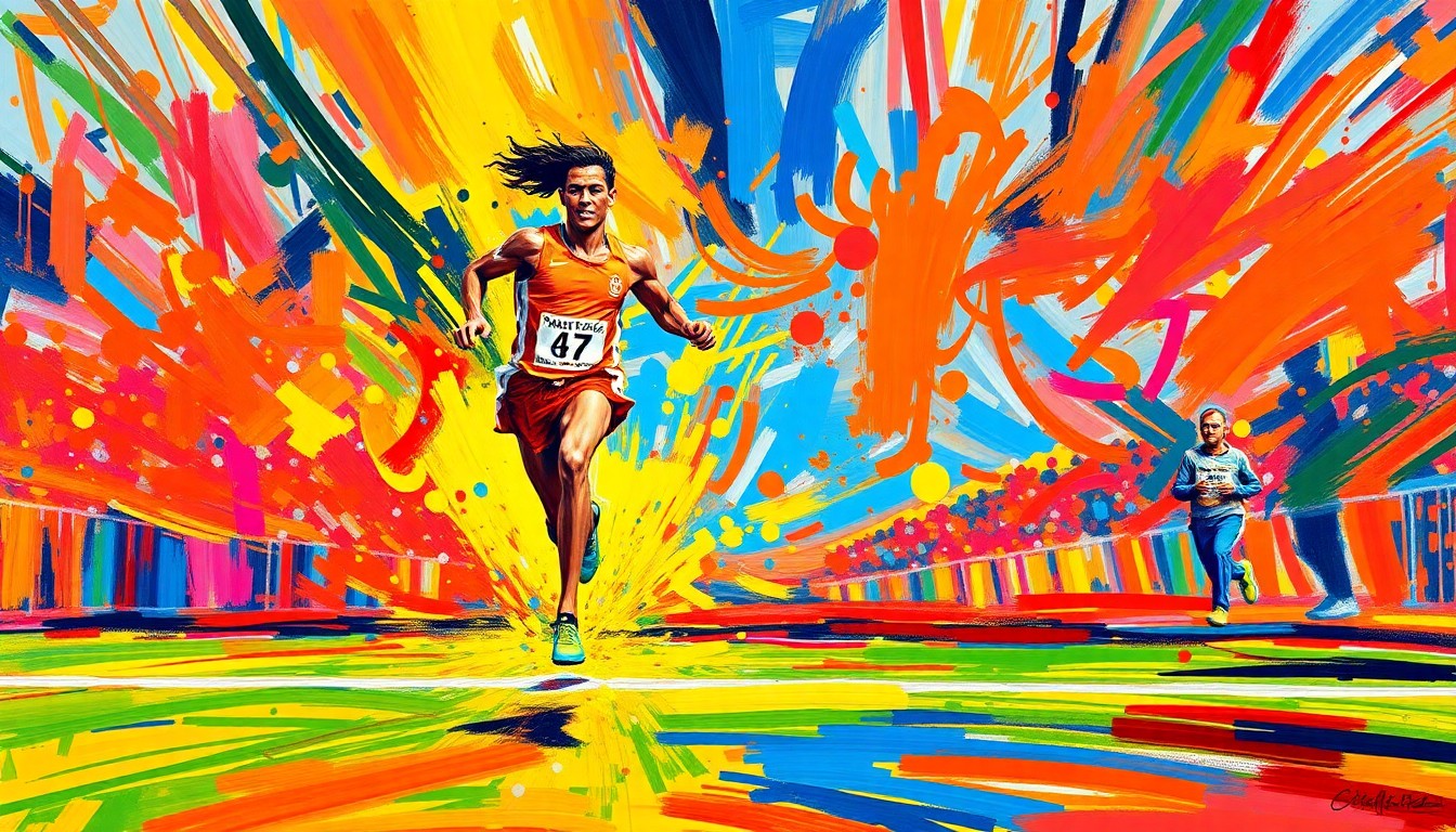 An abstract, energetic painting in neon colors depicting the dynamic motion of a runner sprinting towards the finish line.
