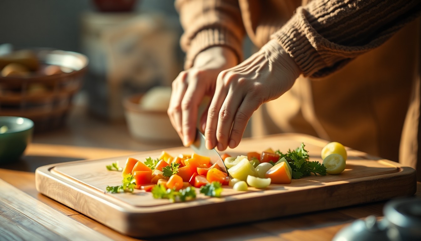 An extremely abstracted, out-of-focus photograph of an elderly person's hands chopping vegetables on a wooden cutting board, with soft, warm pools of light and color creating a dreamlike, meditative atmosphere.