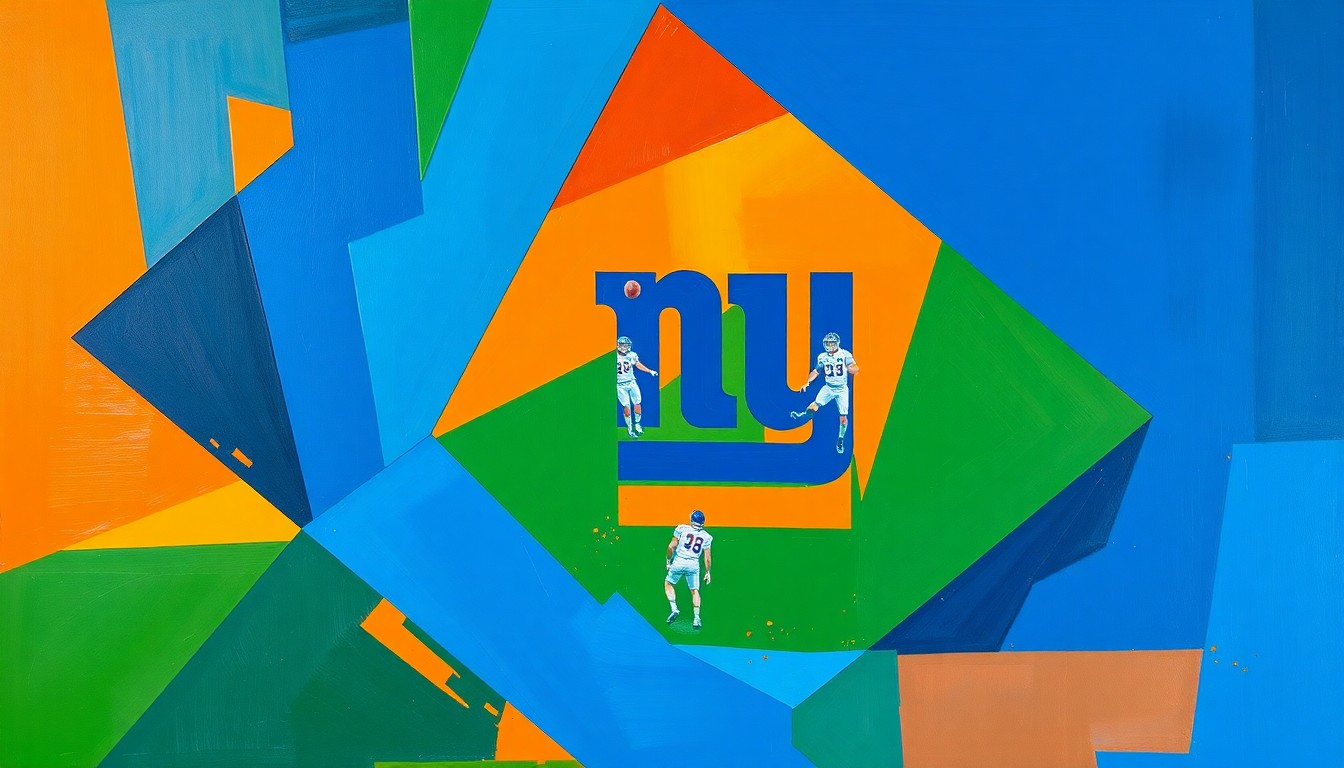 A cubist, geometric painting depicting a fractured, multi-perspective view of a New York Giants defensive play, with sharp, overlapping planes of blue, green, and orange, capturing the dynamic and unpredictable nature of Wilson's defensive vision.