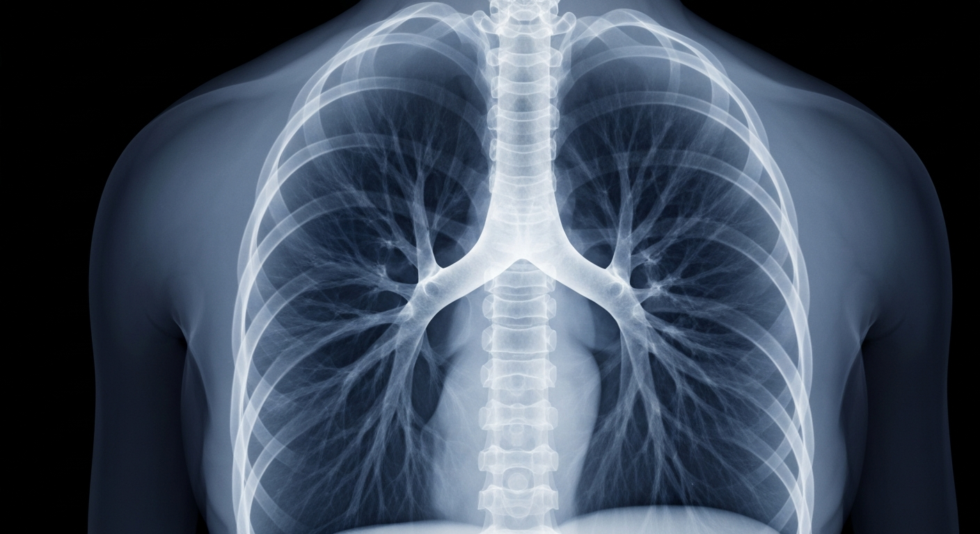 A highly detailed, translucent X-ray image of a human lung, revealing the intricate structures and internal workings of the organ in a conceptual representation of advanced medical technology and cancer research.