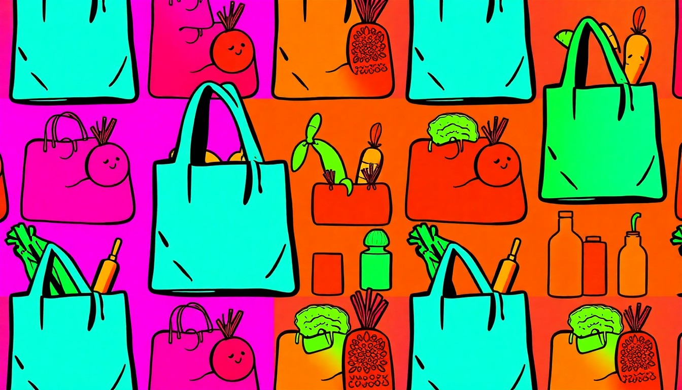 A brightly colored, high-contrast silkscreen print of a reusable grocery bag, repeated in a tight grid pattern, conceptually representing the iconic products and community-focused mission of Rainbow Grocery Cooperative.