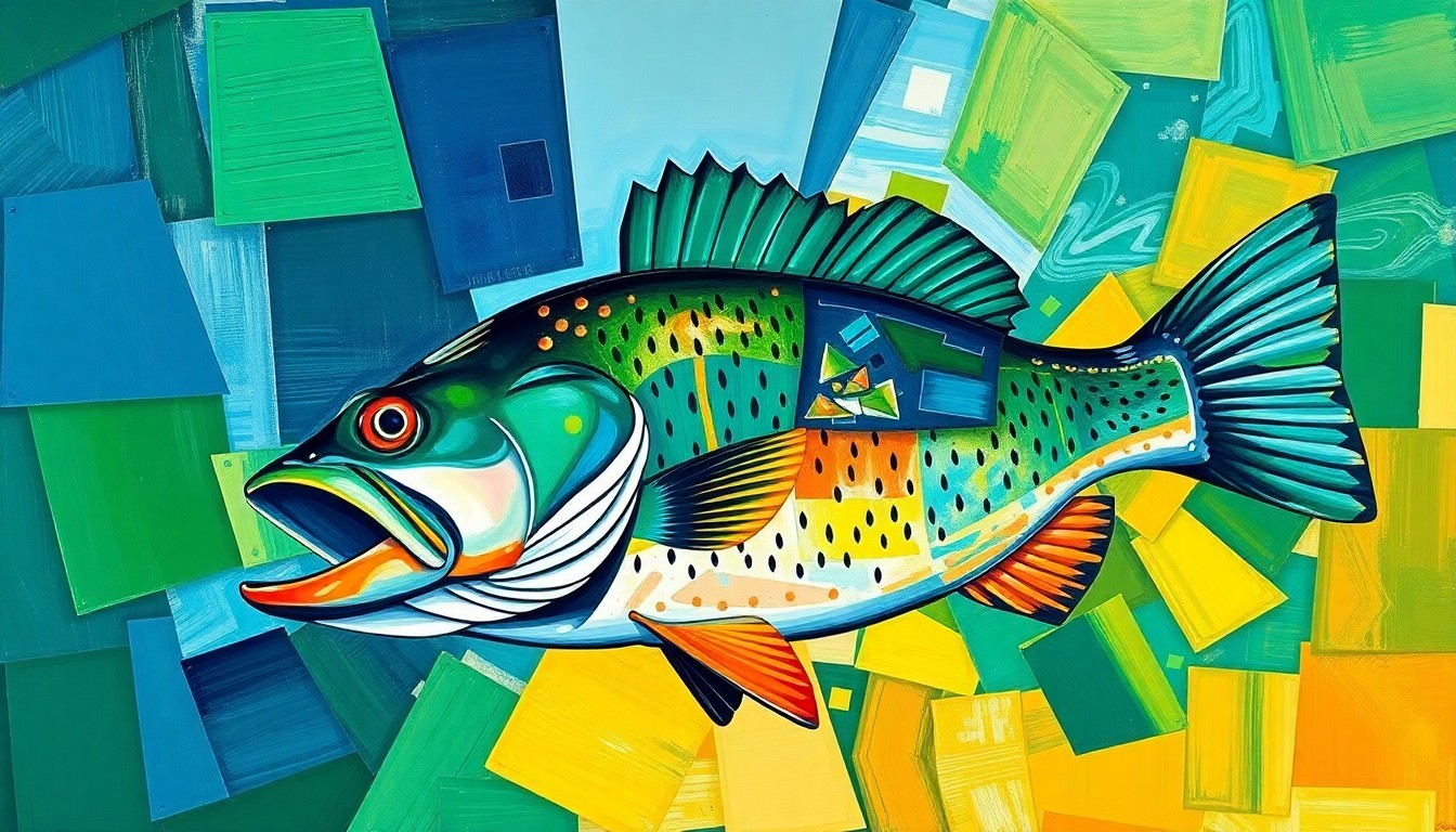 A cubist-style painting featuring fragmented geometric shapes in shades of blue, green, and orange, capturing the dynamic movements and energy of competitive angling.