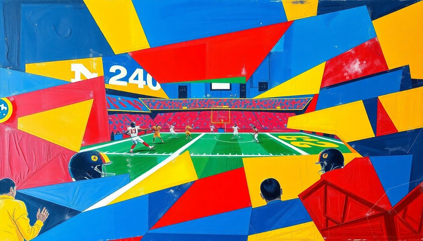 A cubist, geometric painting depicting a fractured, multi-angled view of a football game or coaching strategy, using sharp planes of vibrant blue, red, and yellow colors to capture the dynamic energy of the sport.