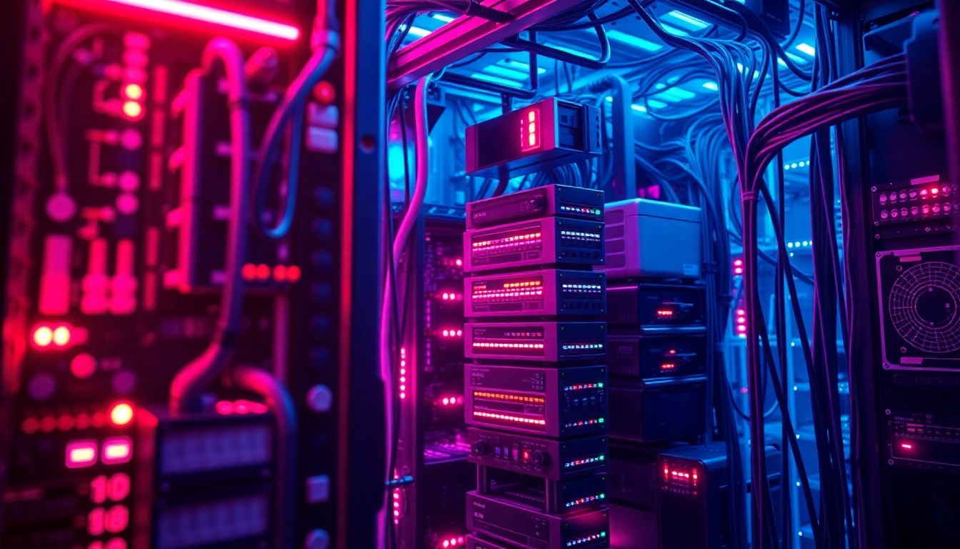 A highly detailed, glowing 3D illustration of a complex AI server infrastructure, with neon cyan and magenta lights illuminating the physical components, conceptually representing the fragility of AI systems and the need for robust redundancy.