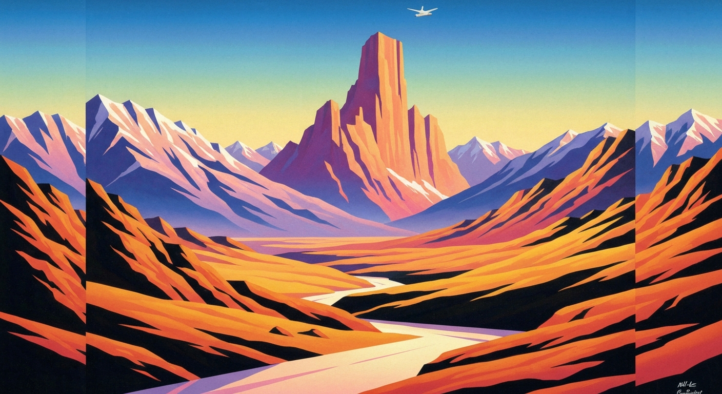 A highly stylized, geometric landscape illustration depicting the sweeping grandeur of Wyoming's mountain vistas, rendered in bold, airbrushed gradients of blues, greens, and grays, capturing the romantic and monumental scale of travel in the American West.