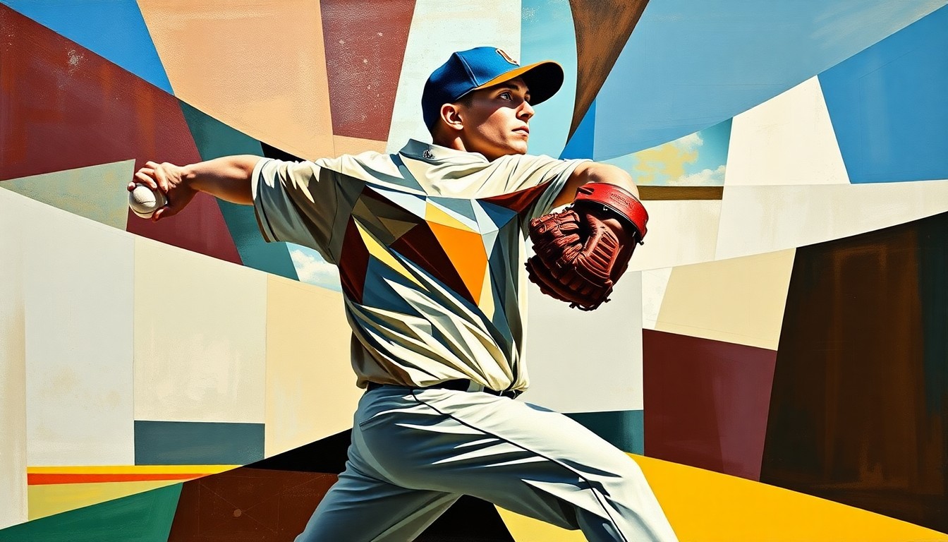 A fragmented, geometric painting depicting a baseball pitcher's motion, with sharp planes and angles representing the unpredictable nature of player health and performance.