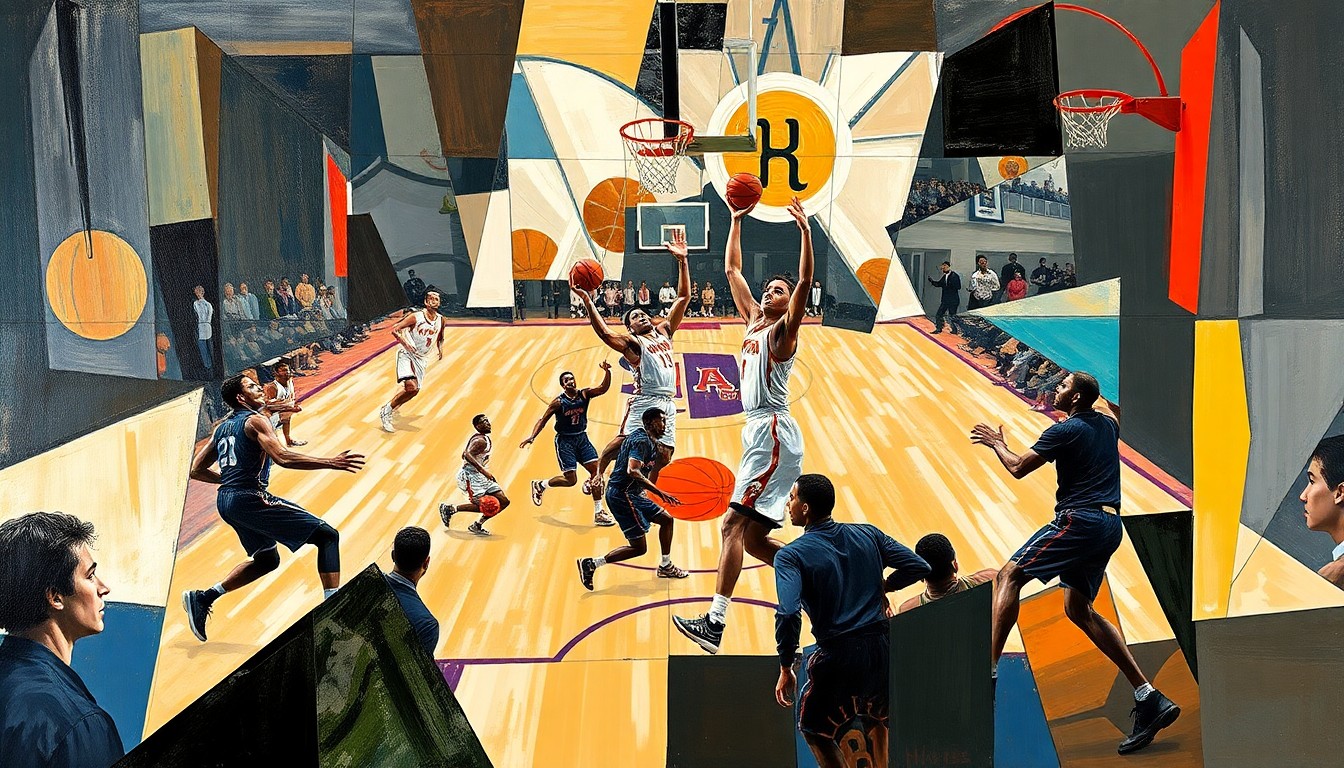 A cubist-style painting depicting the fragmented and overlapping movements of college basketball players, capturing the energy and complexity of roster-building in the transfer portal era.