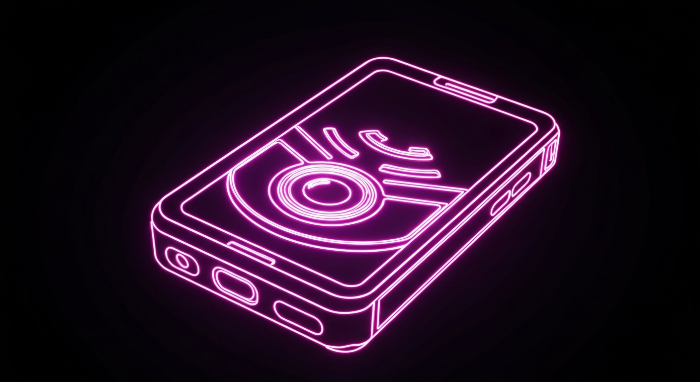 A minimalist design in the style of Keith Haring, where a portable medical device is defined entirely by glowing, vibrant neon lines against a deep, dark background, emphasizing its shape and the electricity of innovation.