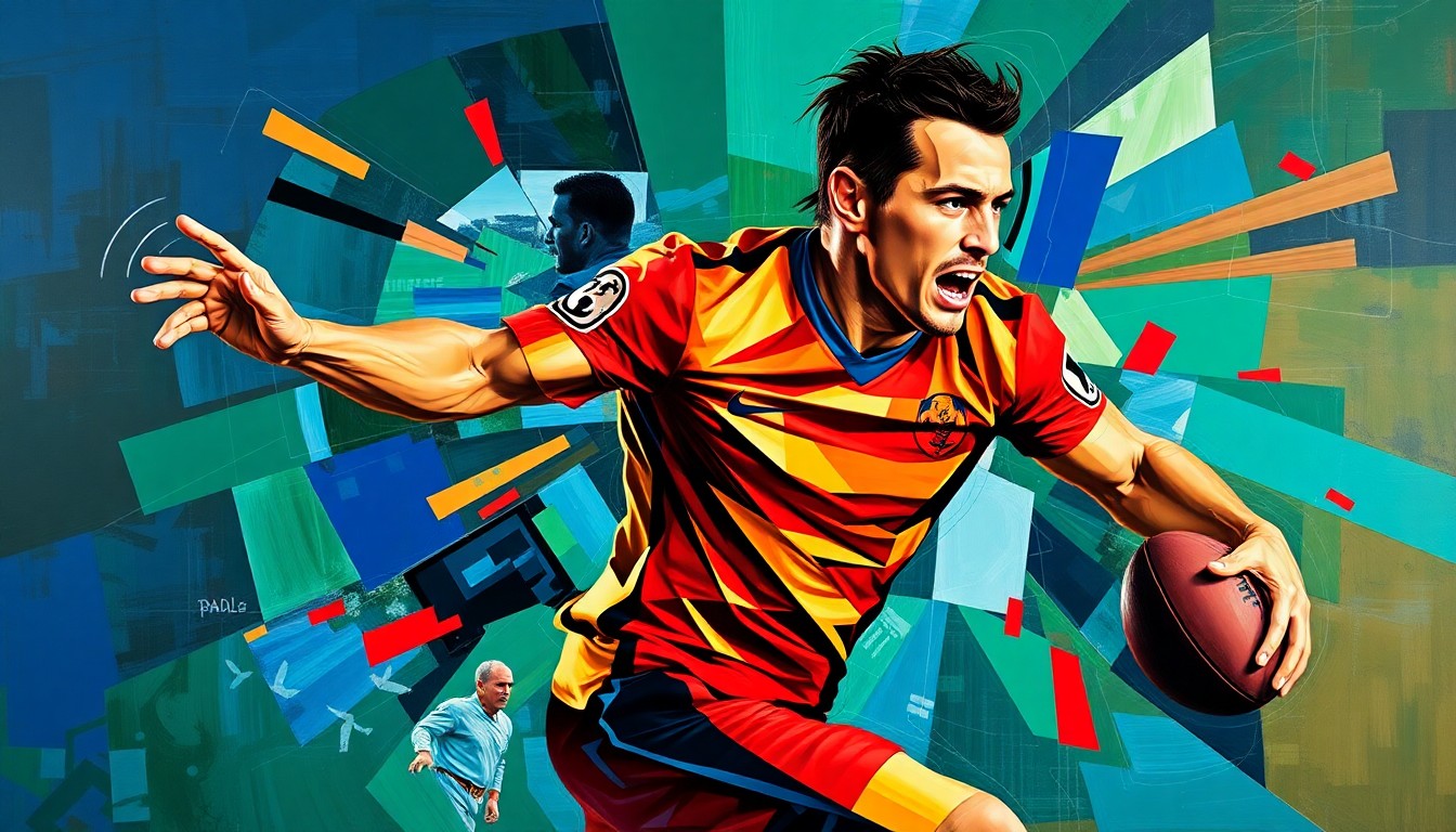 A fractured, multi-perspective painting in bold, geometric shapes and vibrant colors, conceptually representing the internal struggles and external pressures faced by a young footballer navigating his career.