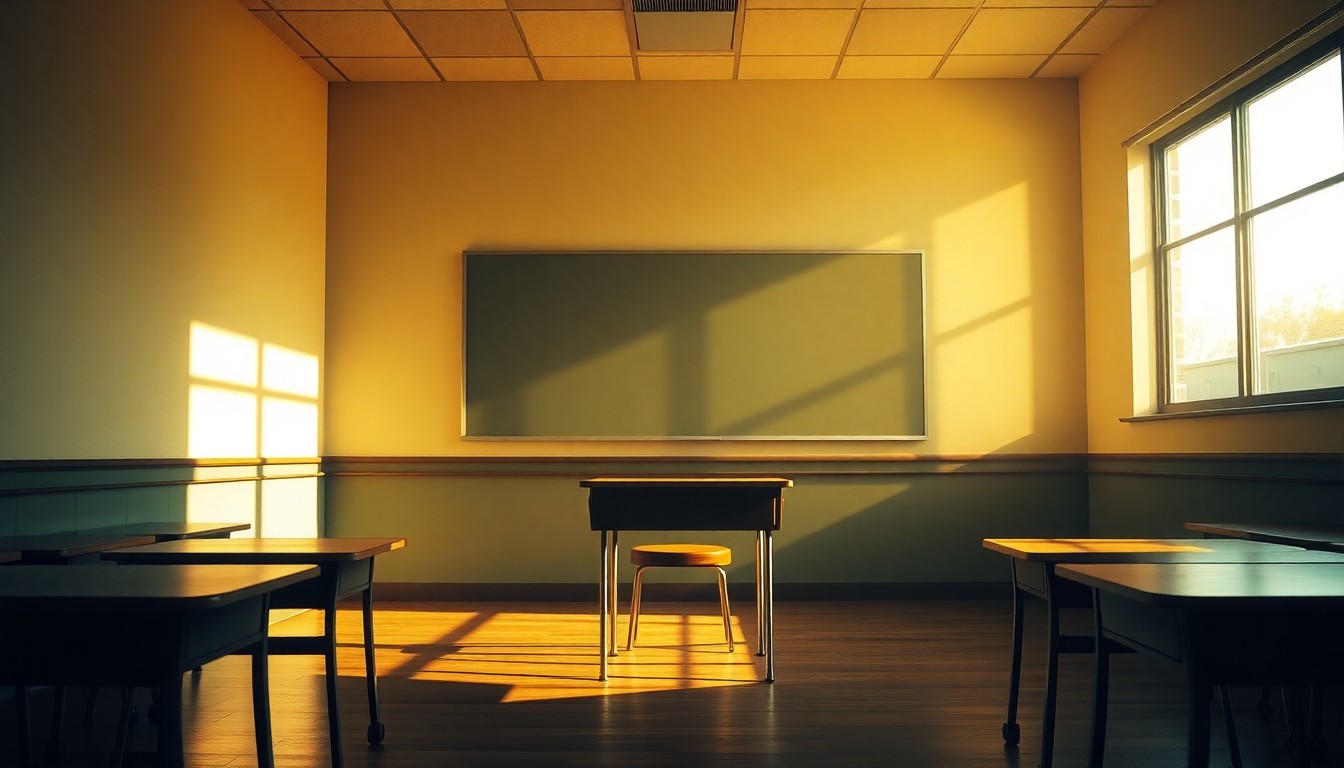 A warm, cinematic painting of an empty teacher's desk in a classroom, with deep shadows and diagonal sunlight, conceptually representing the challenges teachers face in fighting for better compensation.