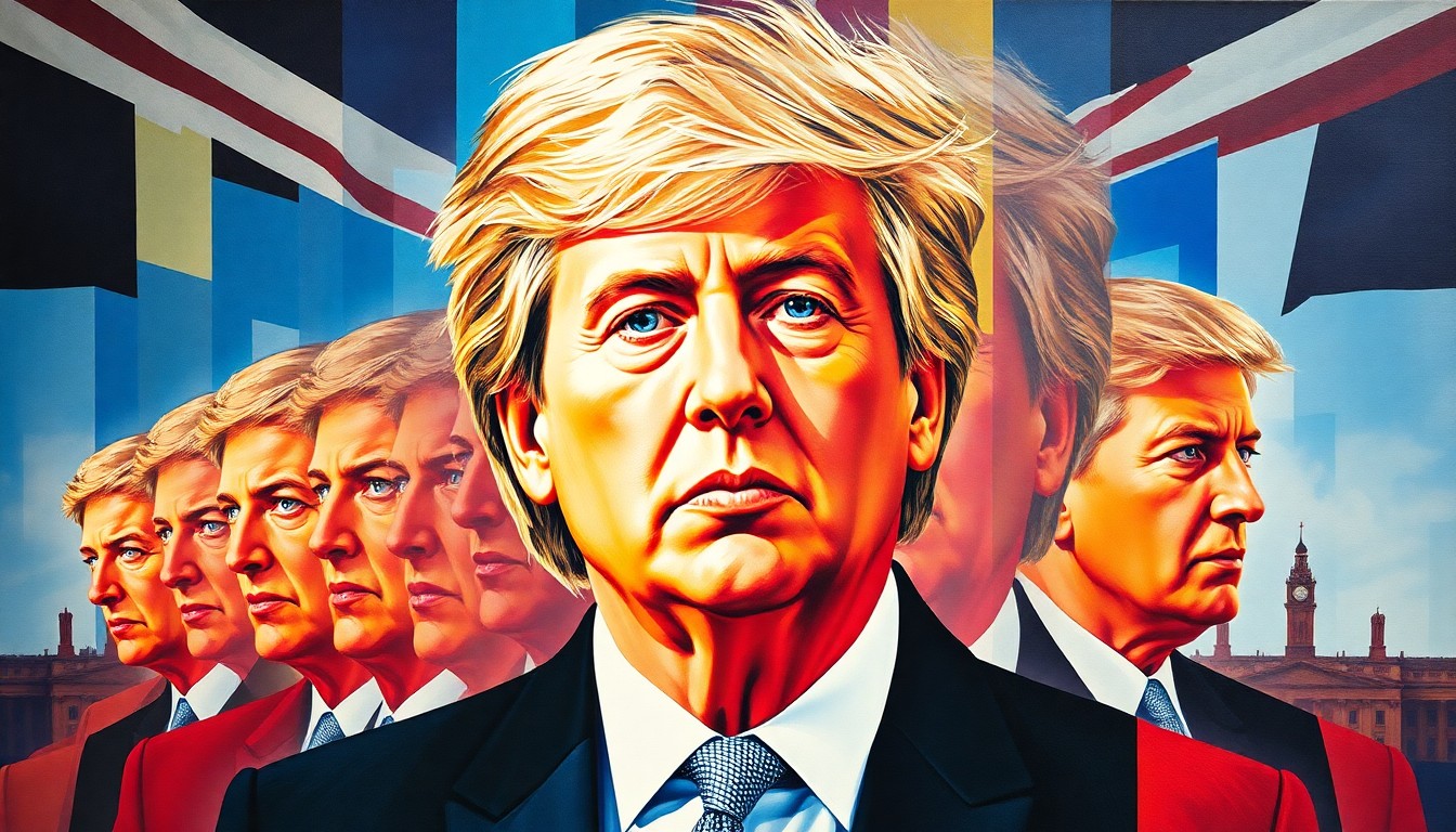 A dynamic, abstract painting featuring overlapping, geometric shapes and waves of vibrant colors, representing the fractured state of British politics.