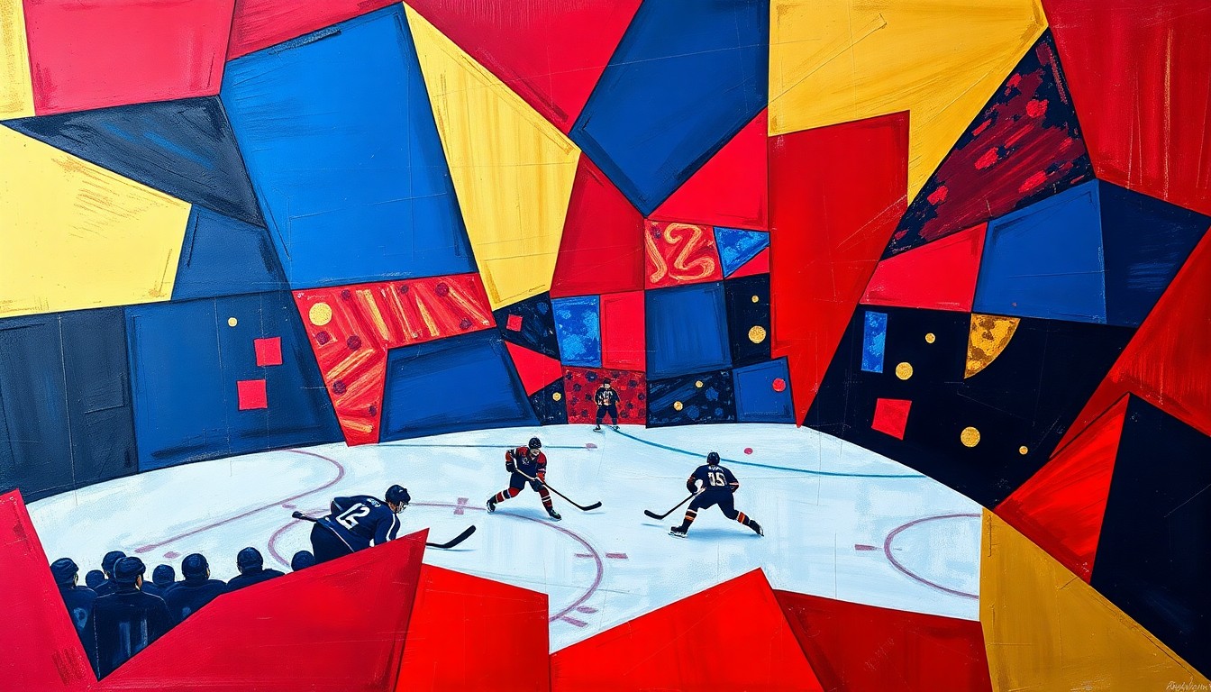 A fractured, geometric painting depicting the intense action of a hockey game, with sharp planes of color and overlapping perspectives capturing the high-stakes drama of the final moments.