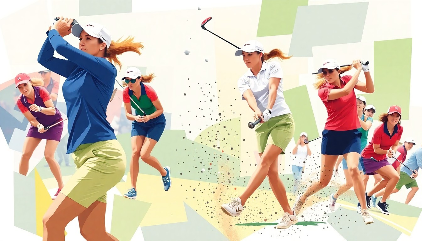 A cubist-style painting featuring overlapping geometric planes and shapes in shades of green, blue, and white, conveying the dynamic motion and energy of a women's golf tournament.