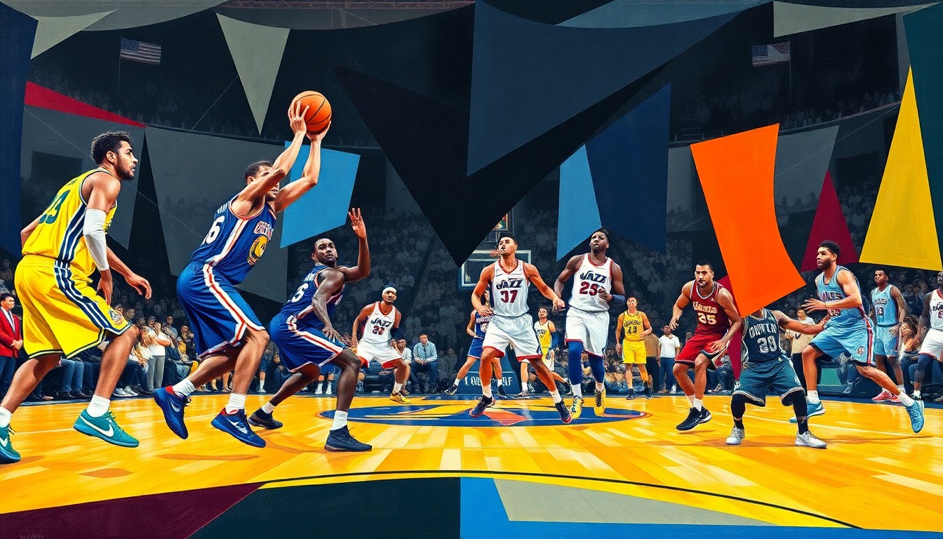 A fragmented, cubist-style painting depicting a basketball game, with the players' forms broken down into sharp, overlapping geometric shapes in the 76ers and Jazz team colors, conveying the dynamic and unpredictable nature of the potential roster move.