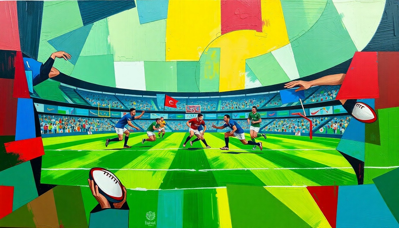 A fragmented, geometric painting in bold colors depicting the dynamic movements and overlapping perspectives of a rugby match, conveying the strategic depth and adaptability required to succeed in the sport.