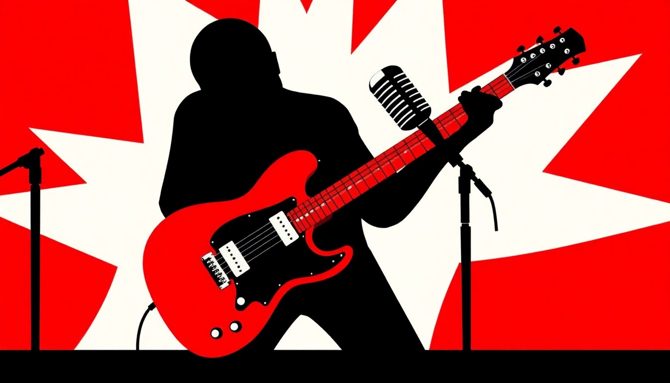 An abstract illustration featuring bold, geometric shapes in red, white, and black, representing a guitar and microphone to symbolize a musical performance and fundraising event.