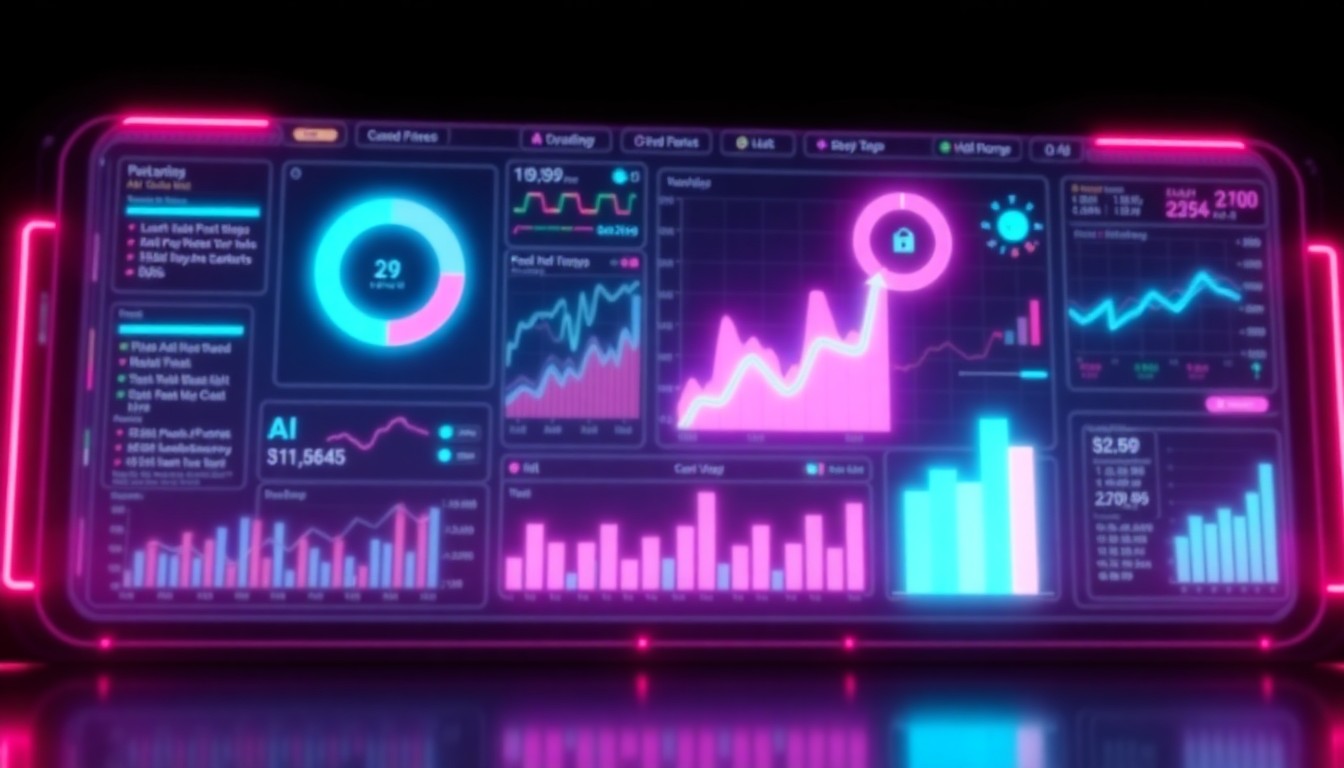 A highly detailed, glowing 3D illustration of a futuristic financial dashboard interface, with neon cyan and magenta lights illuminating various data visualizations, charts, and AI-powered analytics tools, conceptually representing the advanced yet user-friendly capabilities of Zoonova AI's new Alpha AI platform.