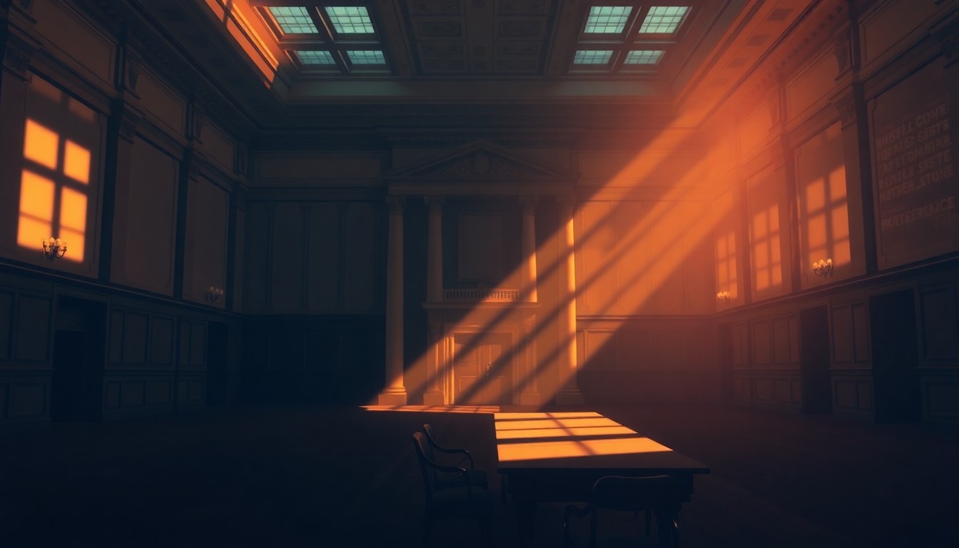 A dimly lit, cinematic painting of an empty government office space, with warm sunlight streaming through the windows and deep shadows casting a pensive mood, conceptually representing the nuanced political dynamics surrounding Cuba's compensation proposal.