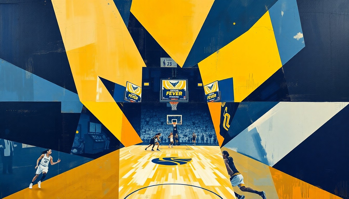 A cubist, geometric painting depicting a WNBA basketball game in motion, with sharp, overlapping planes of navy blue, gold, and white representing the Indiana Fever's colors and the dynamic energy of the sport.