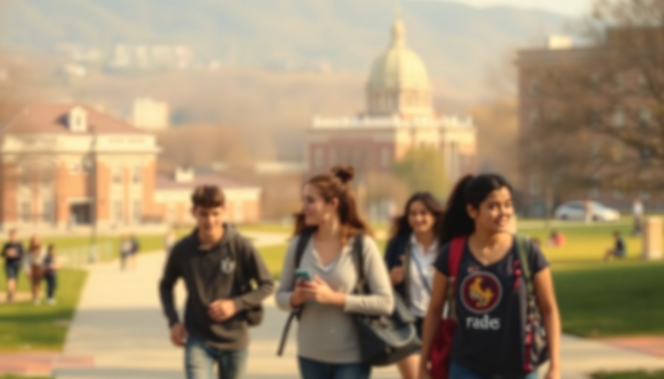 A blurred, impressionistic photograph of students walking across a university campus, with the buildings and scenery softly obscured in warm, hazy tones, conceptually representing the complex and emotional nature of the mental health discussion on campus.