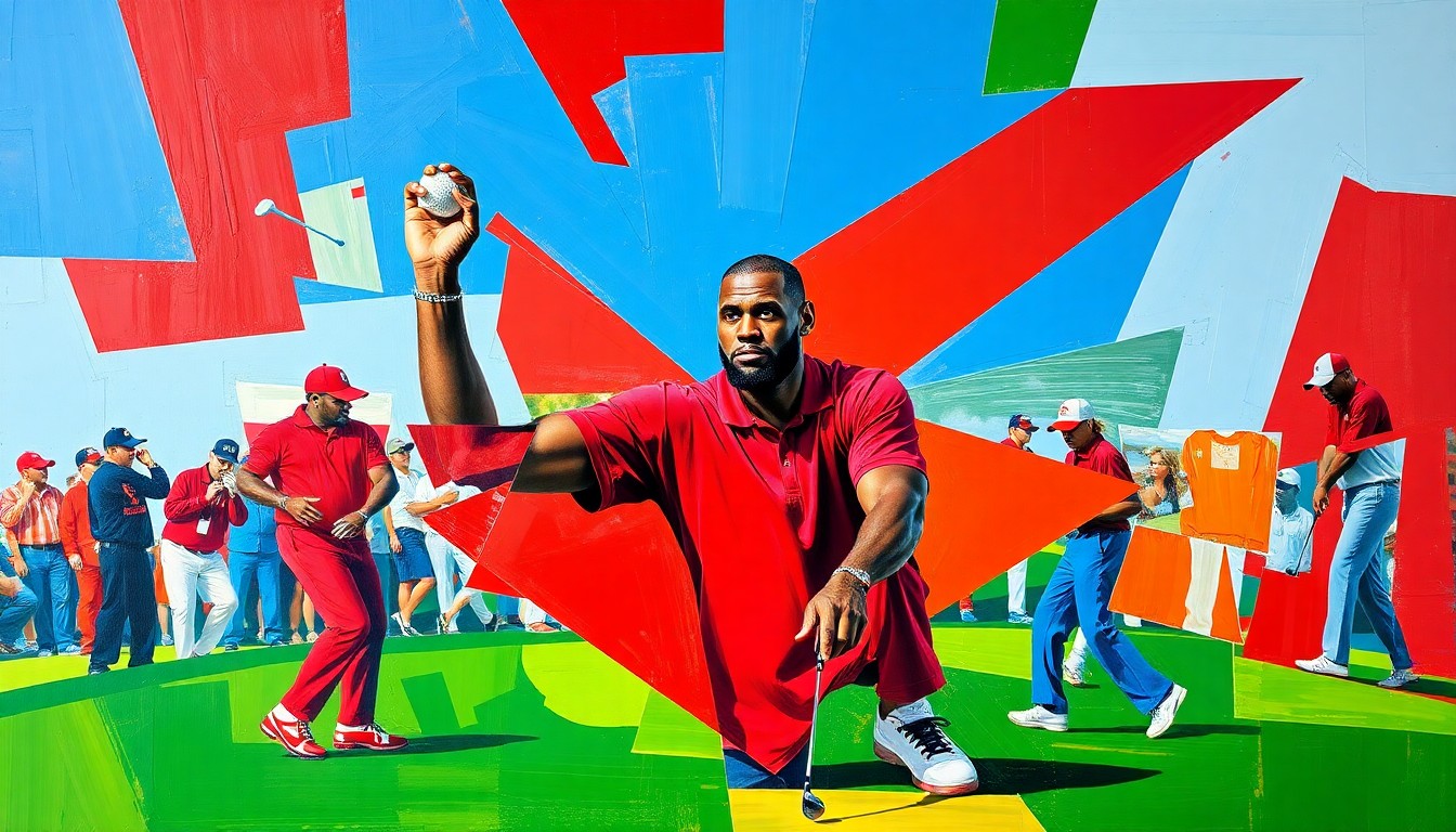 A cubist, geometric painting depicting a golf scramble in motion, with overlapping shapes and planes of color representing the various perspectives and movements of the players.