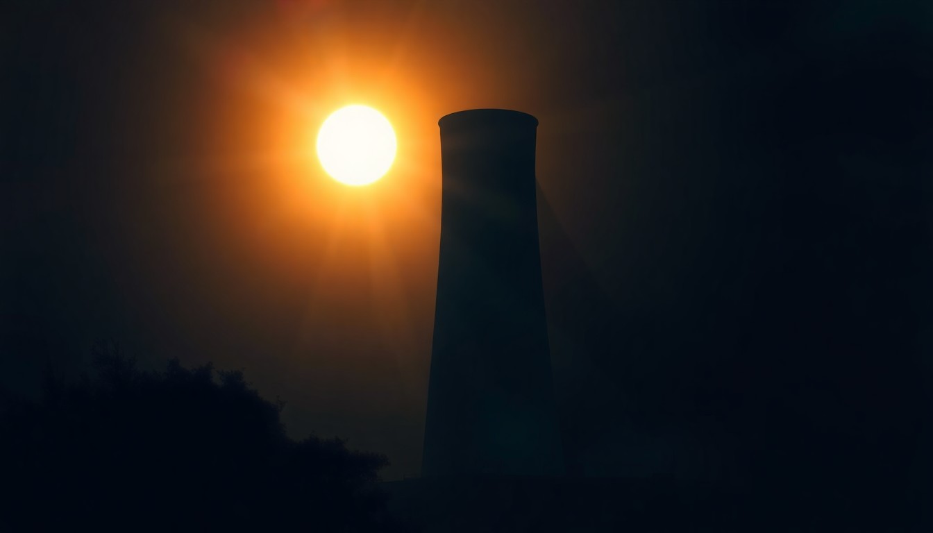 A photorealistic painting of a large industrial trash incinerator tower standing alone in a urban landscape, with warm sunlight casting dramatic shadows across the structure and the surrounding area.