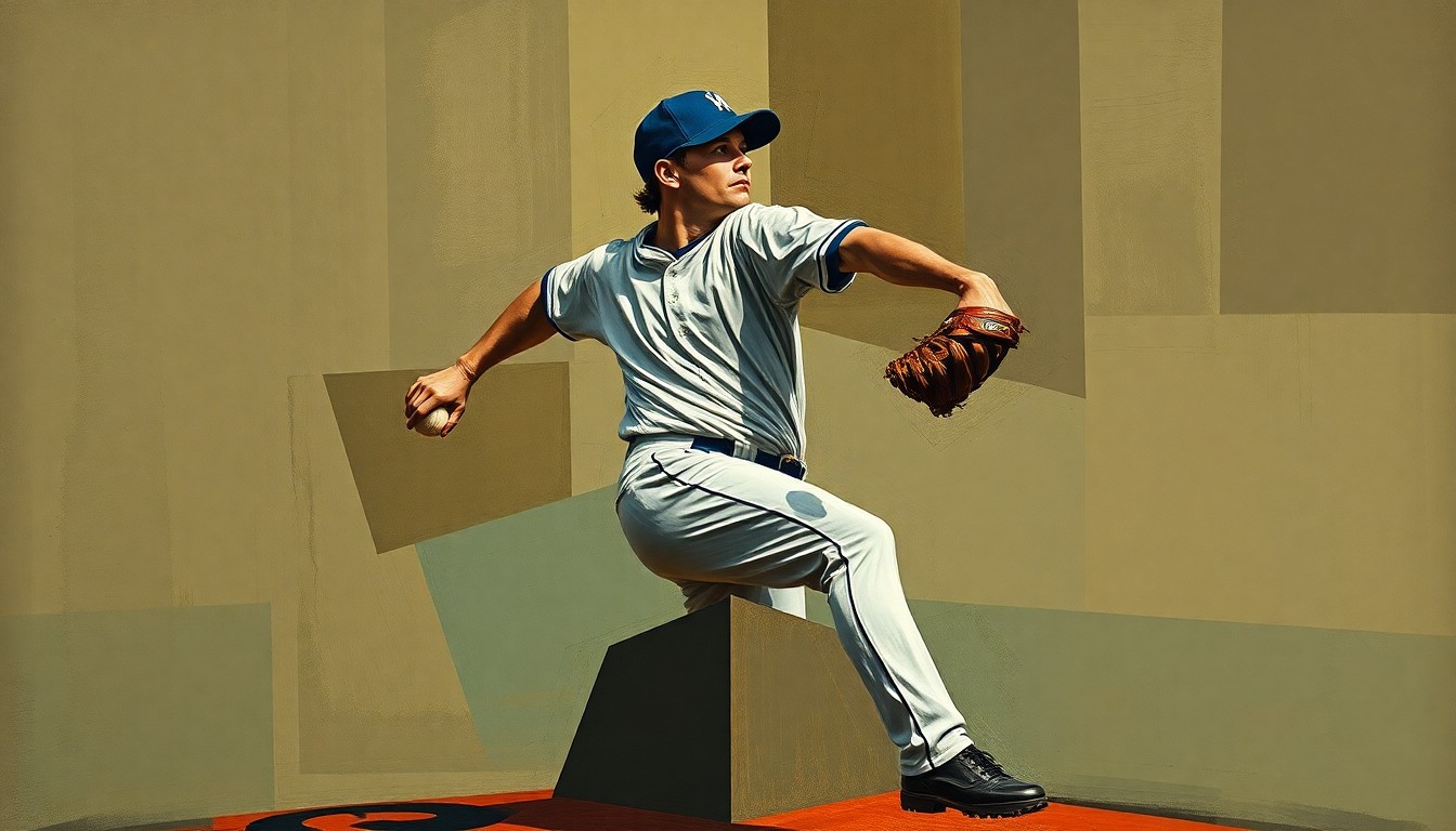 A cubist-style painting depicting a baseball pitcher's motion broken down into sharp, overlapping geometric shapes in muted earth tones, conveying the uncertainty and fragmentation surrounding the Twins' decision.