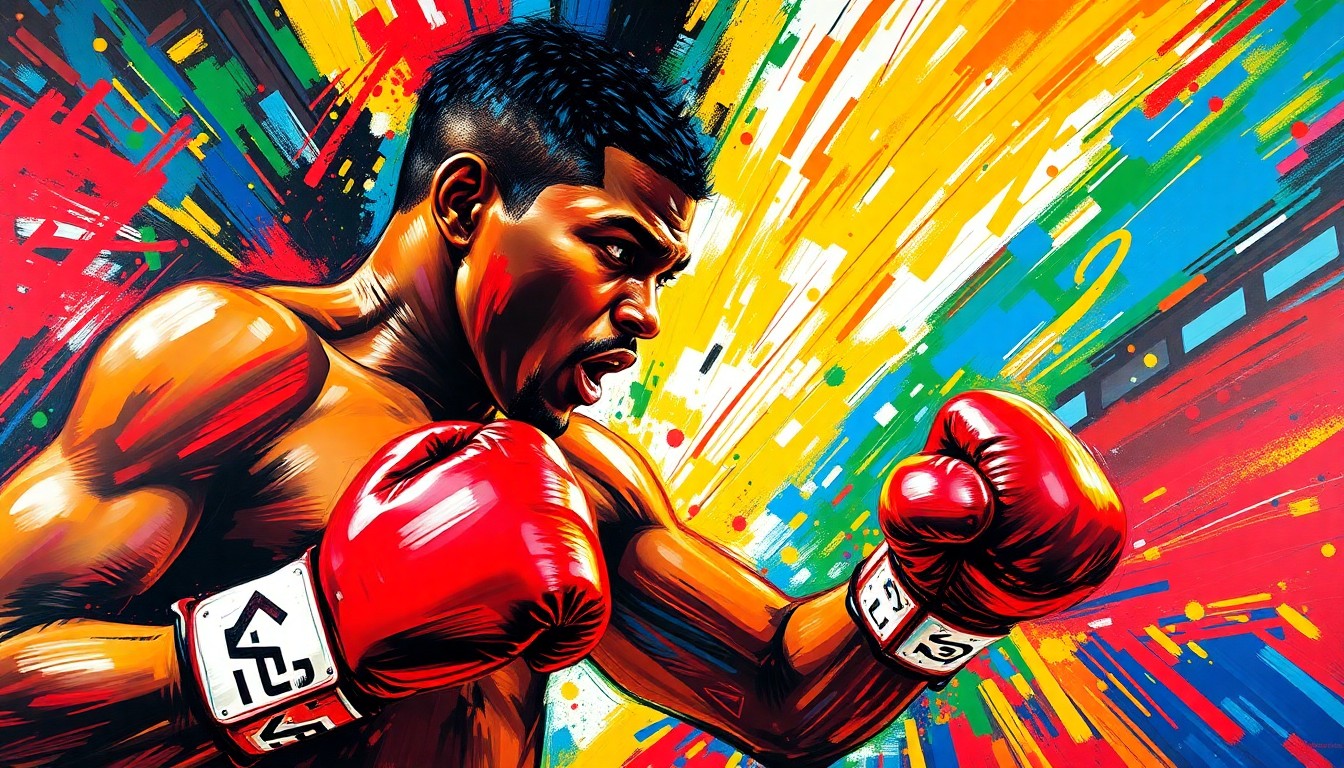 A dynamic, colorful painting featuring rapid brushstrokes and neon hues that capture the raw power and emotion of a boxer preparing for a comeback fight after a tragic loss.
